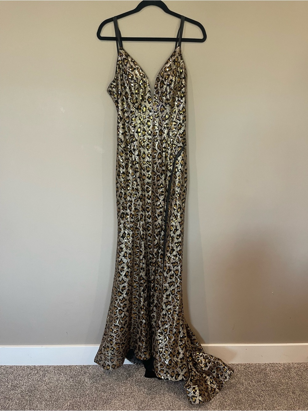 Cinderella Divine Sequin Leopard-Print Maxi Dress with Zipper Leg Slit and Train